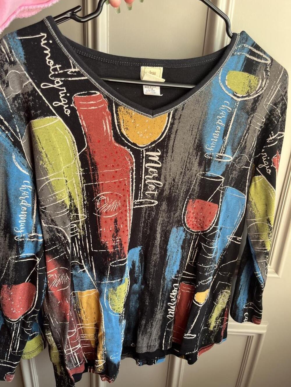Y2K Jess & Jane Wine Print Rhinestone Long Sleeve Top L
